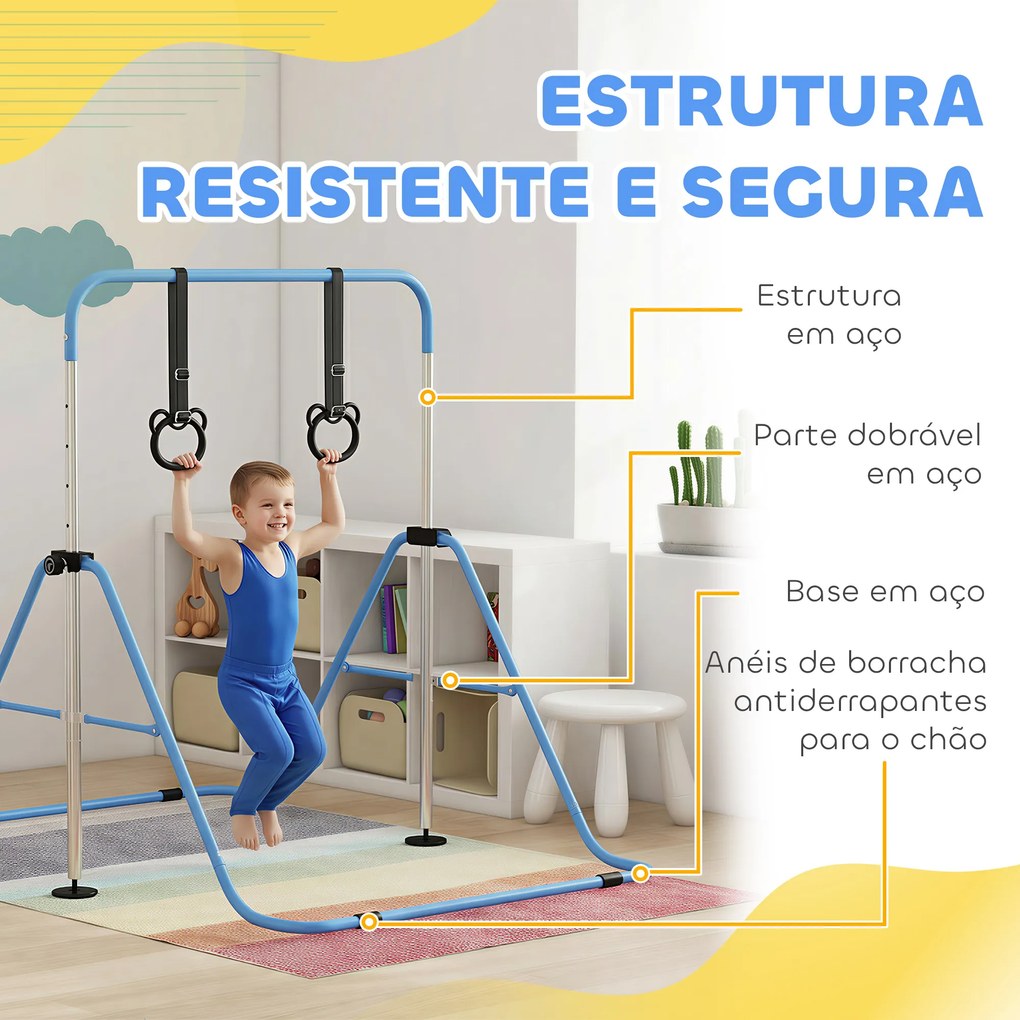 Barra de Ginástica para Crianças com Altura Ajustável em 5 Níveis Anéis e Dobrável 148x105x88-128 cm Azul