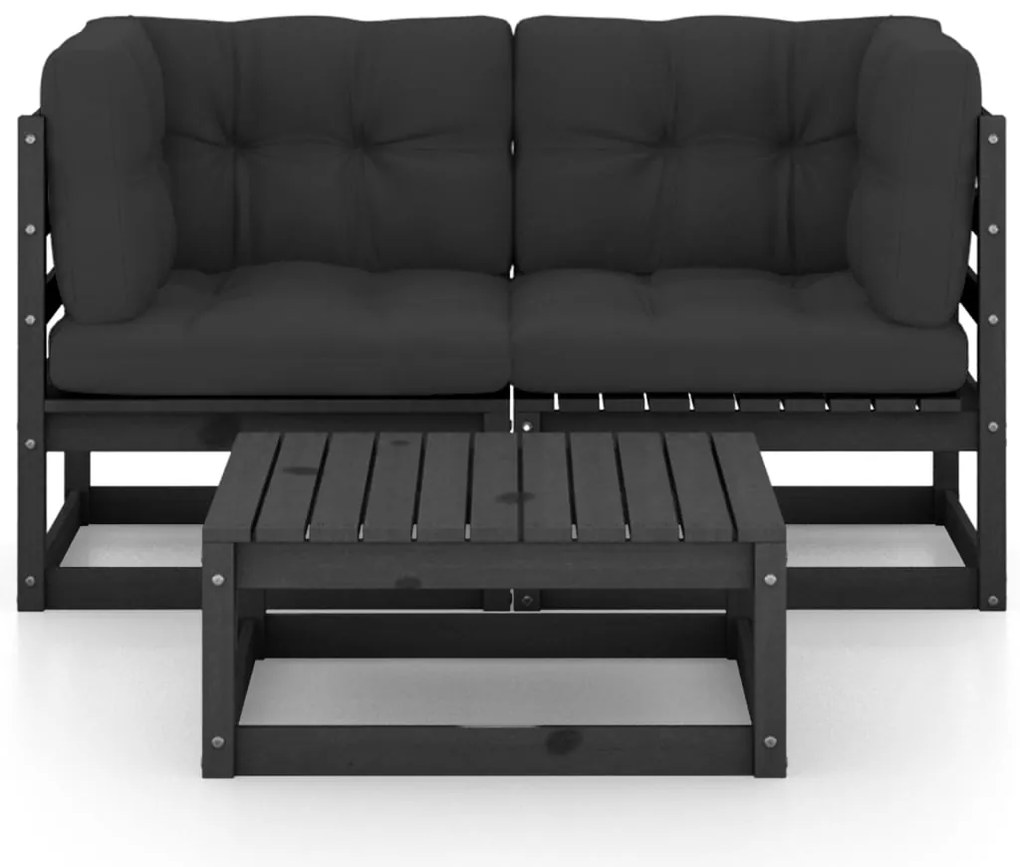 3 pcs conjunto longue de jardim c/ almofadões pinho maciço
