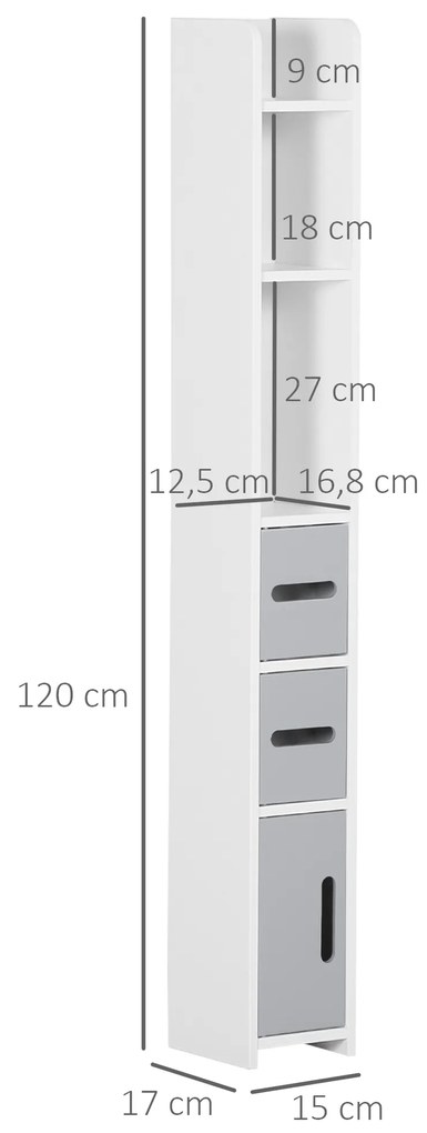kleankin Coluna Casa de Banho com 3 Portas e 3 Prateleiras Abertas Coluna Auxiliar para Sala de Estar Casa de Banho Dormitório Estilo Moderno 15x17x120cm Branco e Cinza