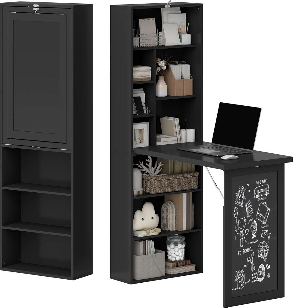 Secretária dobrável com estante, posto de trabalho, quadro negro e prateleira ajustável, 98 x 51 x 153 cm, preta