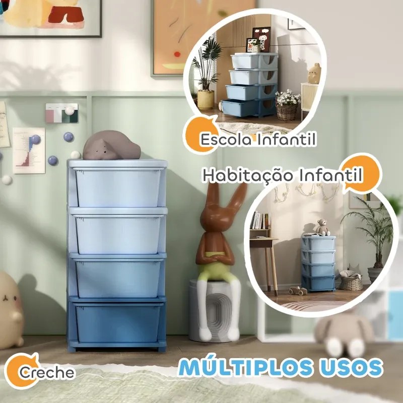 Organizador de Brinquedos 37x37x76 cm com 4 Gavetas Torre de Arrumação para Crianças +3 Anos Cantos Arredondados e Pegas Azul