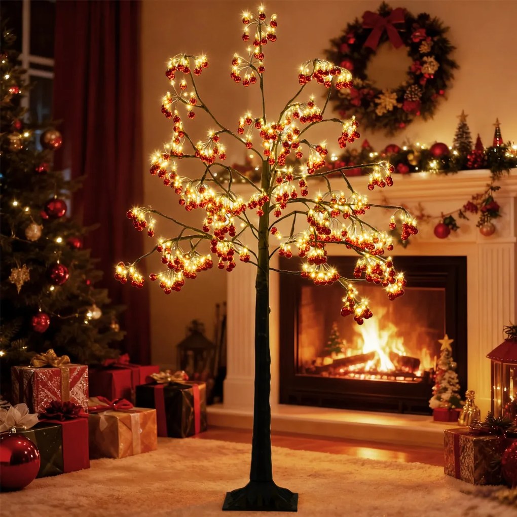 Árvore de Natal artificial de 150 cm com ramos flexíveis, 384 bolas vermelhas, 480 luzes LED brancas quentes e estacas de fixação preta