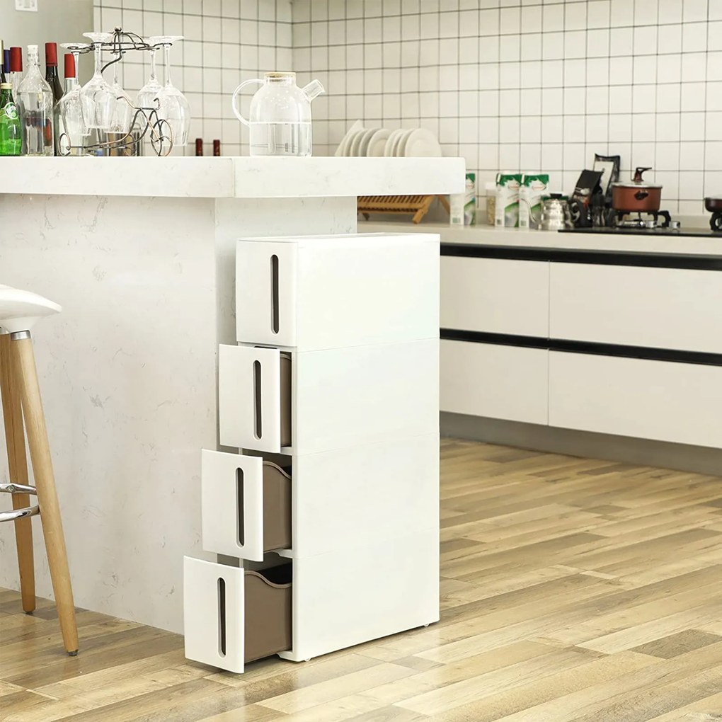 Estante estreita casa de banho ou cozinha com 4 gavetas 45 x 17 x 84 cm branca