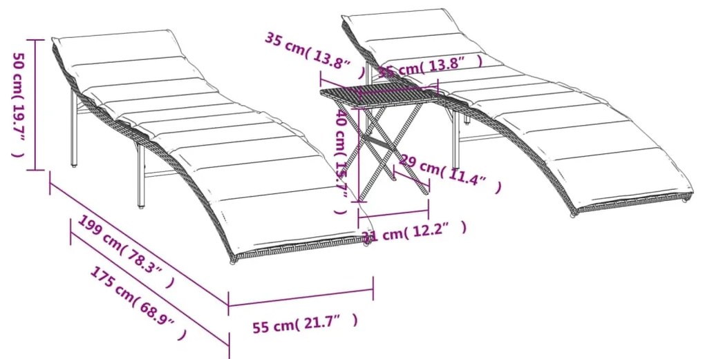 Espreguiçadeiras com mesa 2 pcs vime PE bege