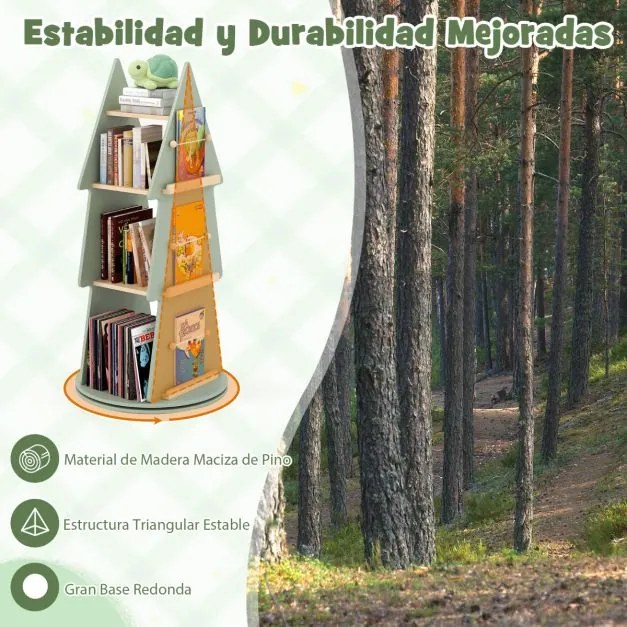 Estante para livros infantis Ø48 x 102 cm giratória 360° Carrossel de livros para crianças com 4 níveis em forma de árvore verde