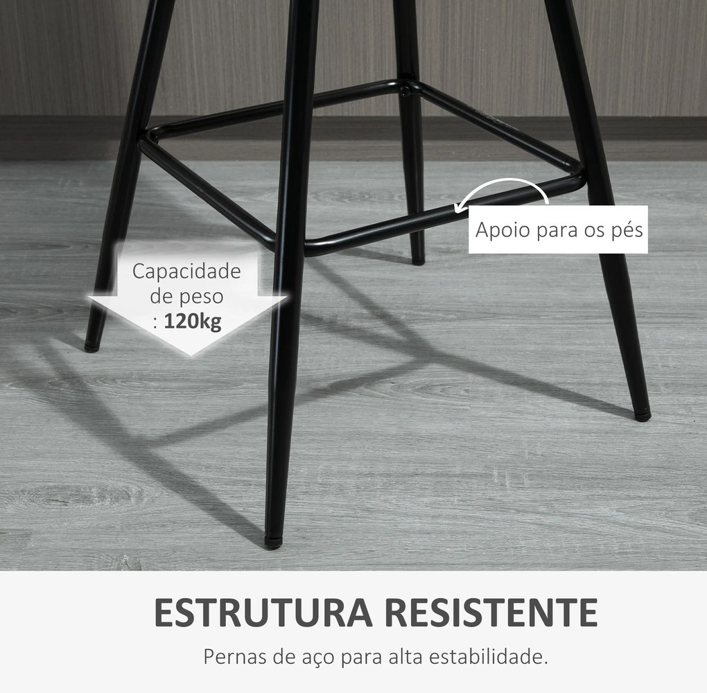 Conjunto de 2 Bancos de Bar com Encosto e Apoio para os Pés Bancos Altos Acolchoados de Estilo Nórdico 45x47x88 cm Cinza