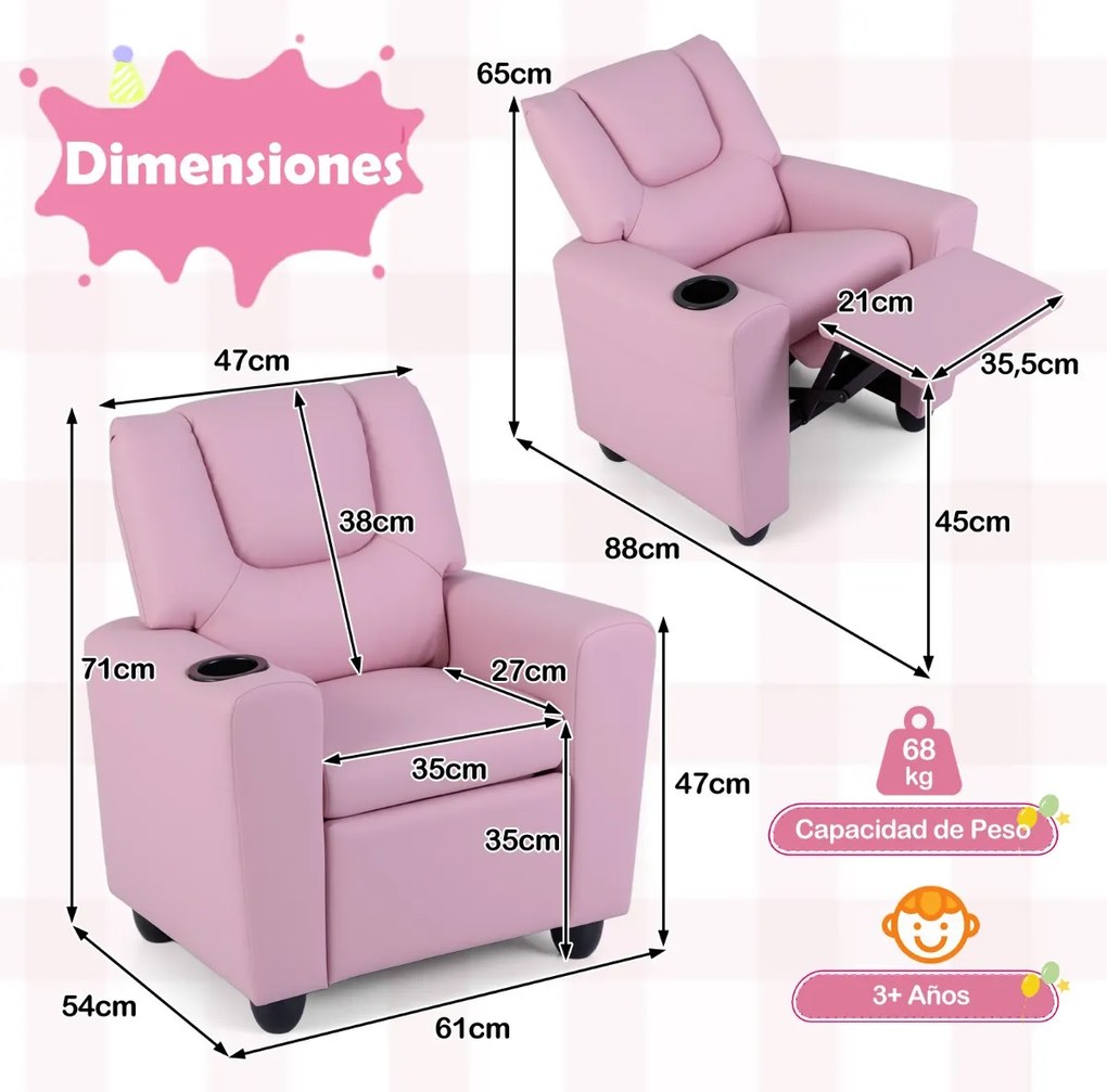 Poltrona reclinável para crianças em veludo, com porta-copos e apoio para os pés ajustável, para sala de estar ou área de jogos, a partir dos 3 anos R
