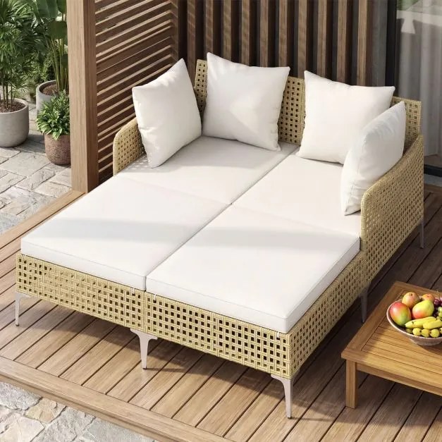 Espreguiçadeira cama dupla de rattan para jardim, para 2 pessoas, com almofadas de assento e encosto e estrutura metálica, para jardim, piscina e terr