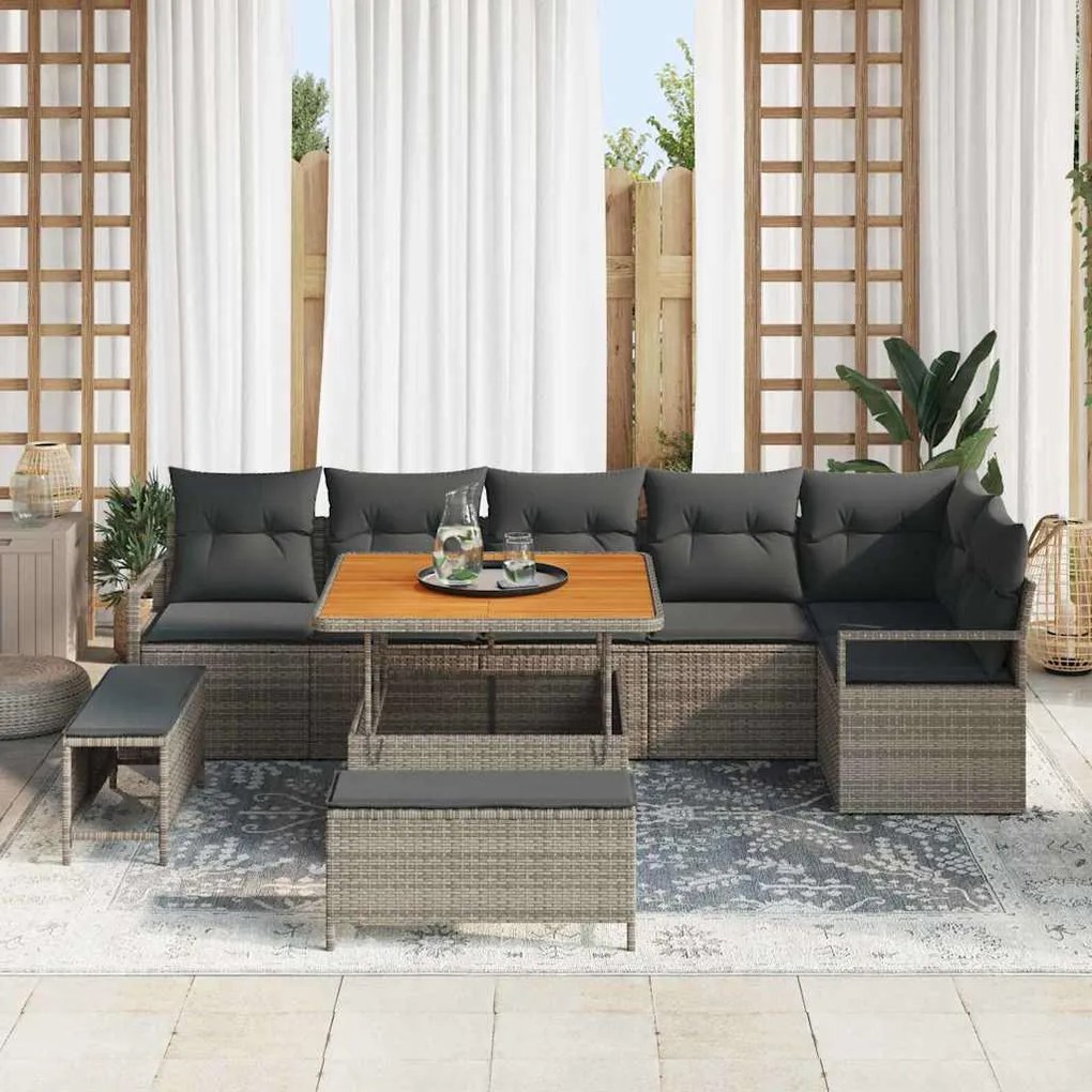 Conjunto de Sofá de Jardim de 9 peças com Almofadas Cinza Polirattan A