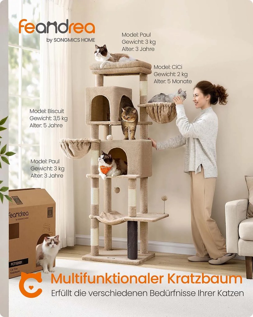 Arranhador para gatos com 175 cm de altura, 2 cavernas e 2 cavidades para descansar castanho camelo