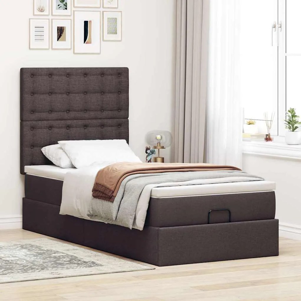 Cama otomana com colchão & LEDs 90x200cm tecido castanho escuro