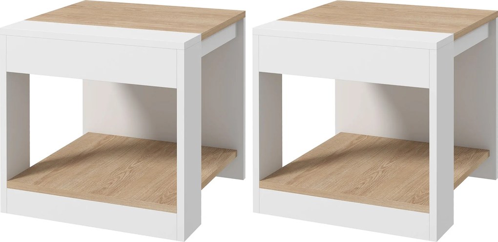 Conjunto de 2 mesas auxiliares (mesa de canto do sofá e mesa de cabeceira) 40 x 40 x 45 cm - branco e natural