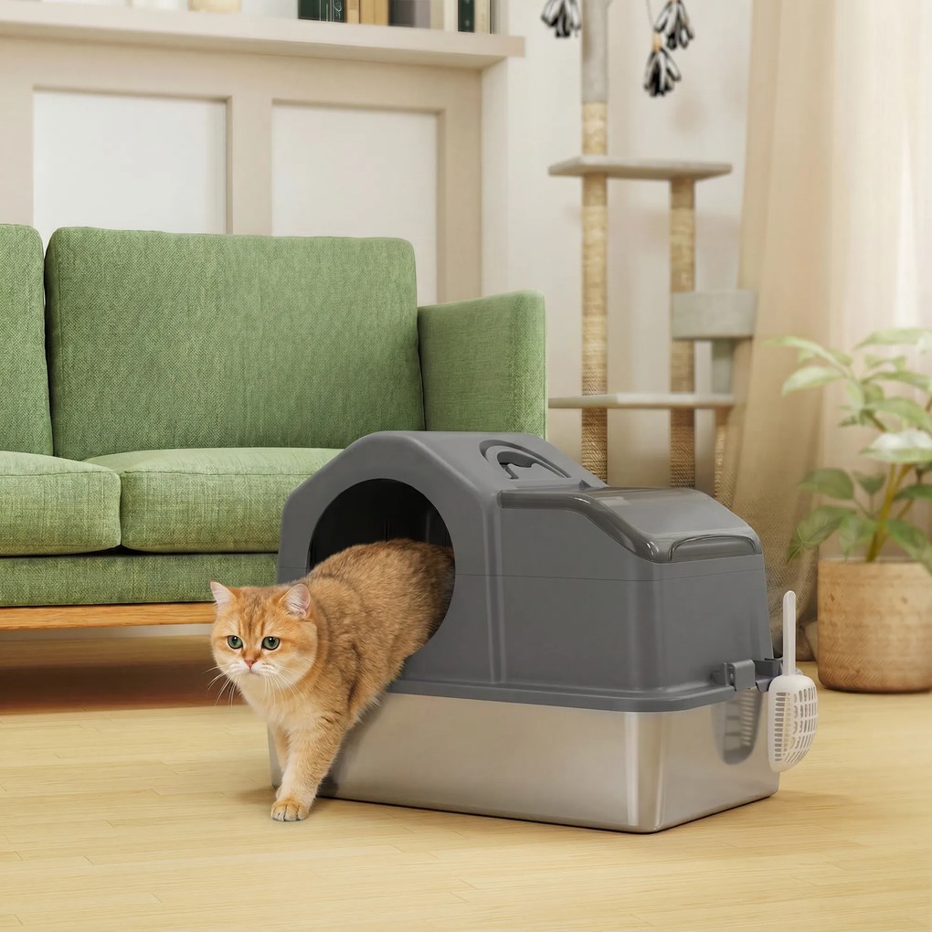 Caixa de Areia para Gatos Fechada XL em Aço Inox com Tampa, Pá, Tapete Recolhedor de Areia, Cinzento Scuro
