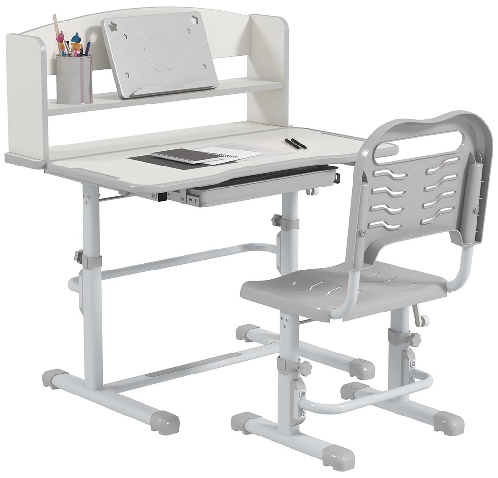 ZONEKIZ Secretária Cadeira Crianças Ajustáveis Ergonomia Conforto Estudo Design Moderno 80x55x82-104cm Cinza Branco Alta Qualidade | Aosom Portugal