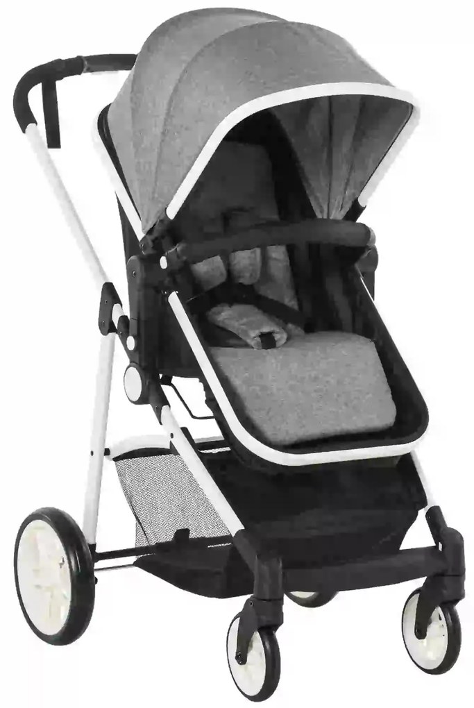 HOMCOM Carrinho de Bebé 2 em 1 Carrinho de Passeio e Alcofa para Crianças de 0 a 36 Meses com Capota Dobrável Encosto Inclinável Cesta Grande Alavanca de Freio Carga 15kg 80x51x102cm Cinza