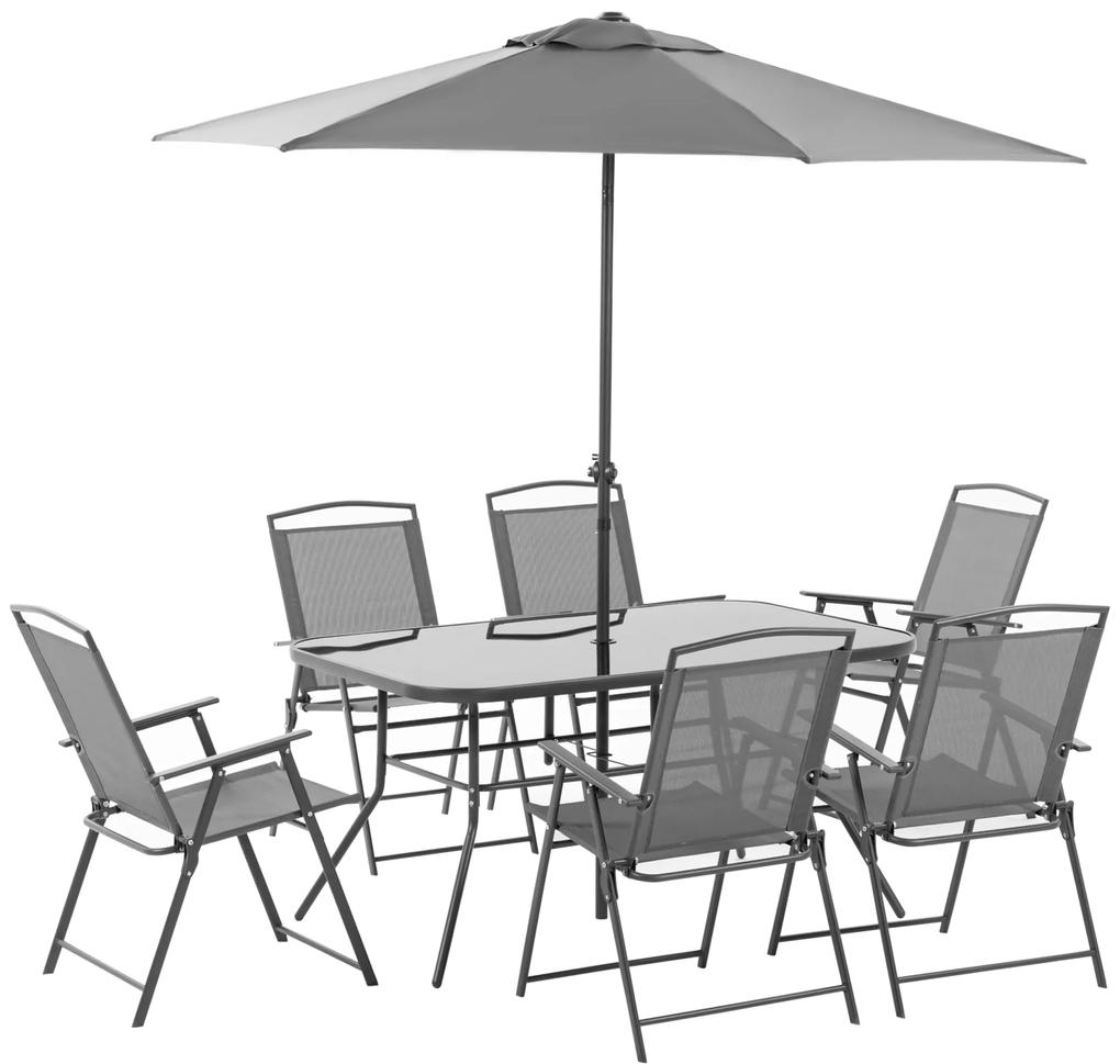 Outsunny Conjunto de Móveis de Jardim 8 Peças com 6 Cadeiras Dobráveis Mesa com Bancada de Vidro e Chapéu de Sol Inclinável Proteção Solar para Terraço Exterior Cinza