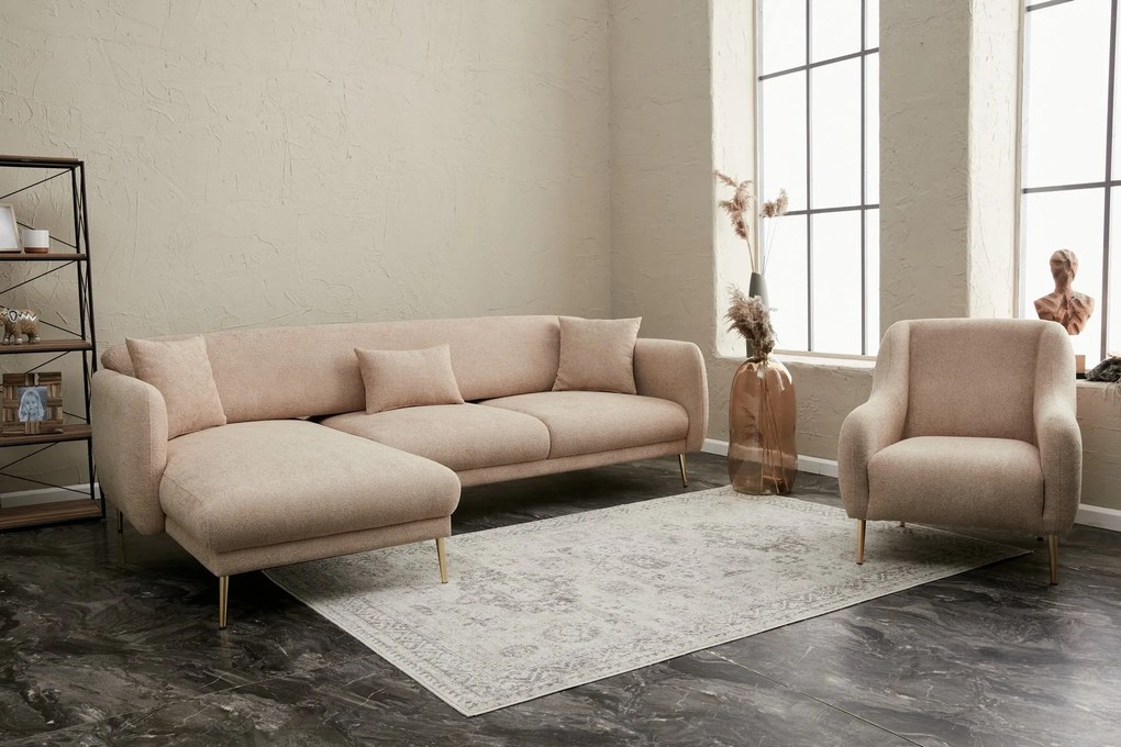 Sofá-Cama de Canto Simena – Bege Dourado – 266x133 cm