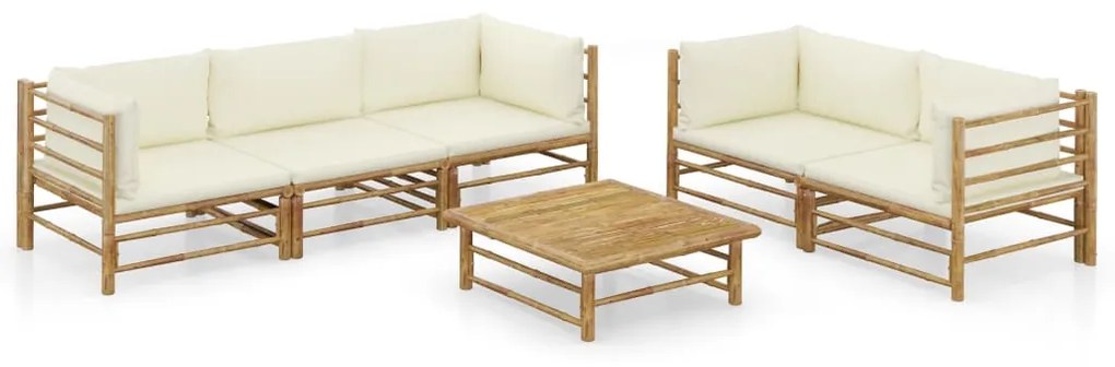 6 pcs conj. lounge p/ jardim em bambu c/ almofadões branco nata