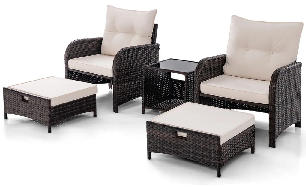 Conjunto de jardim de rattan de 5 peças com 2 cadeiras 2 Pufes Mesa de centro de vidro temperado Almofadas macias mistura de castanho e Bege