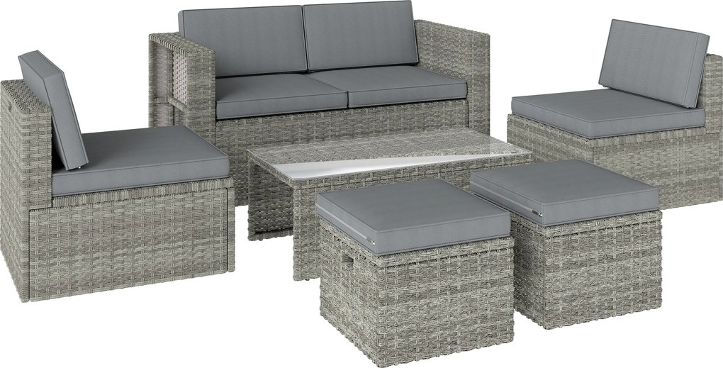 Outsunny Conjunto de Jardim em Resina Trançada 6 peças Conjunto de Conversação Compacto com Sofá Poltronas Mesa para Pés Cinza Escuro | Aosom Portugal