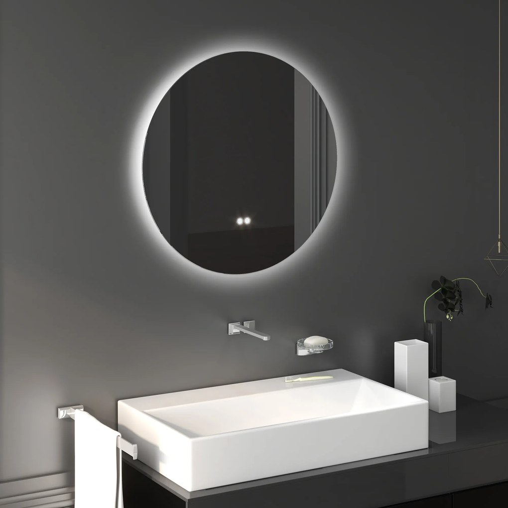 Espelho redondo de casa de banho com iluminação LED, Ø 70 cm, de parede, com interruptor tátil e sistema antiembaciamento, 35 W, cinzento