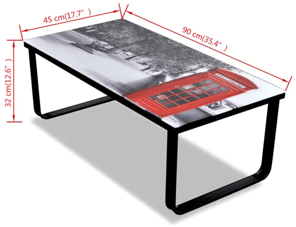 Mesa de centro, tampo de vidro com impressão cabine telefónica