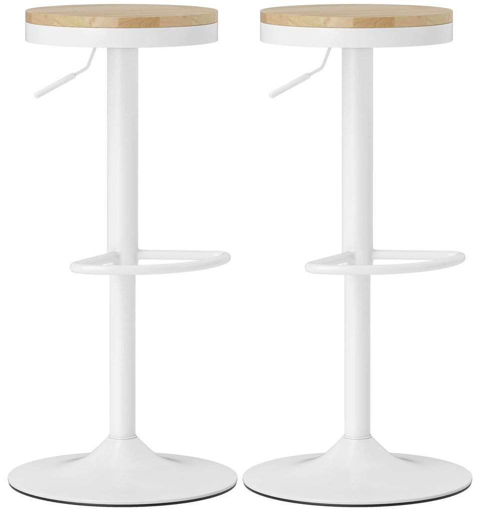 HOMCOM Conjunto de 2 Bancos de Bar Giratórios Bancos Altos de Cozinha com Descanso para Pés 38,5x38,5x60-80 cm Madeira e Branco
