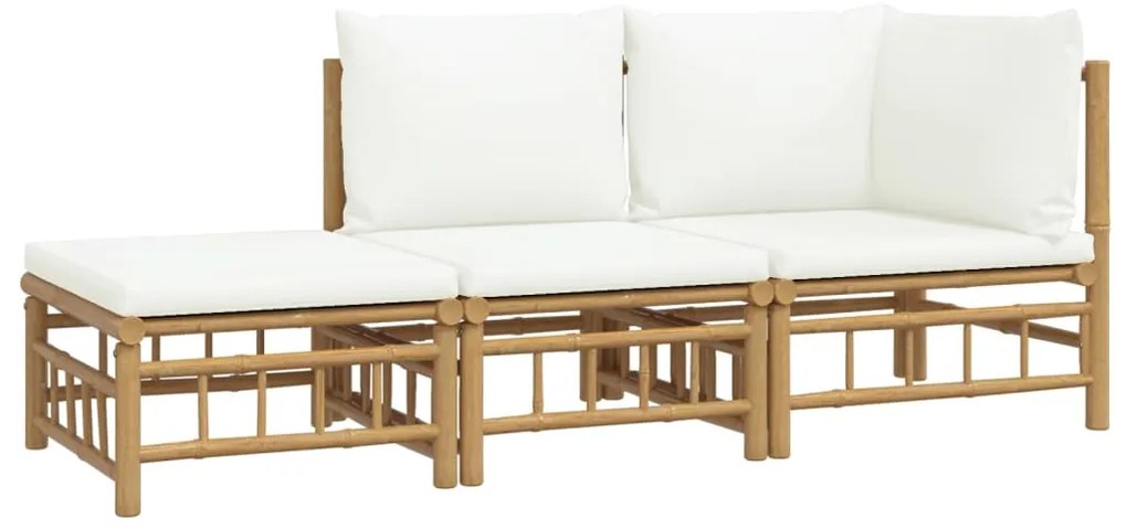 3 pcs conjunto lounge de jardim bambu c/ almofadões branco nata