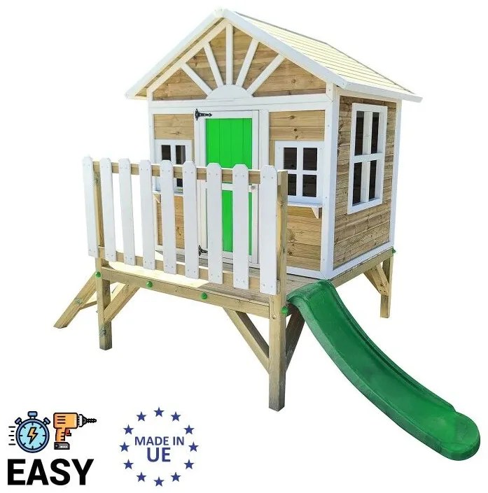 Casa de brincar para crianças com escorrega 200 x 209,5 x 225,5 cm de madeira em painéis VISBY elevada 60 cm Verde