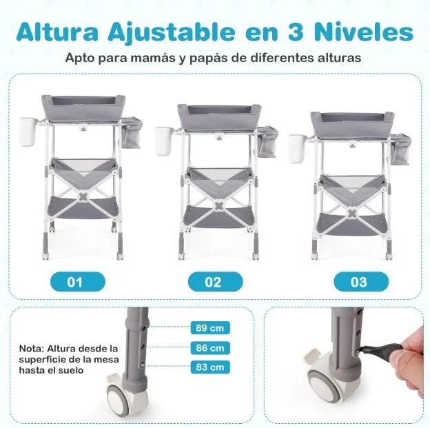 Mesa para trocar fraldas portátil dobrável com rodas impermeável altura ajustável e caixote do lixo para bebés Cinzento