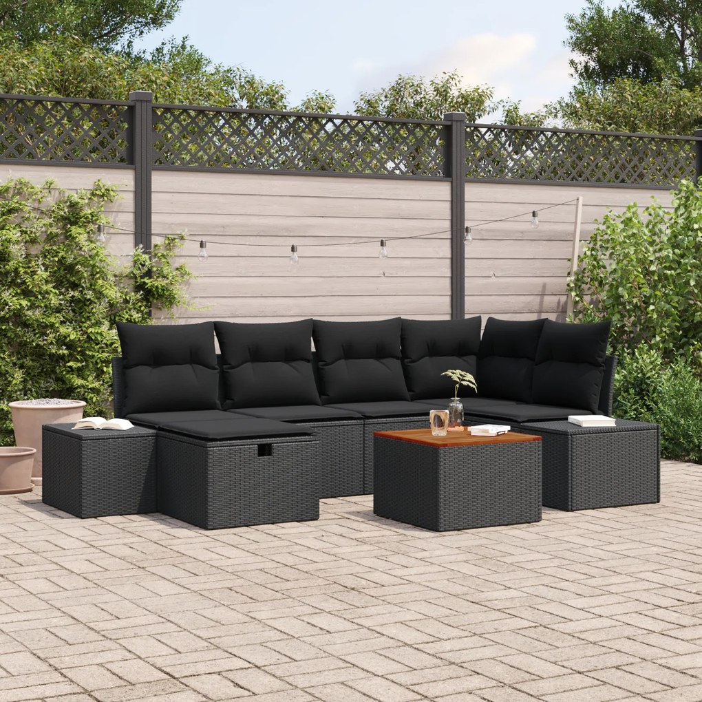 Conjunto de Sofá de Jardim de 7 Peças com Almofadas em Rattan Preto