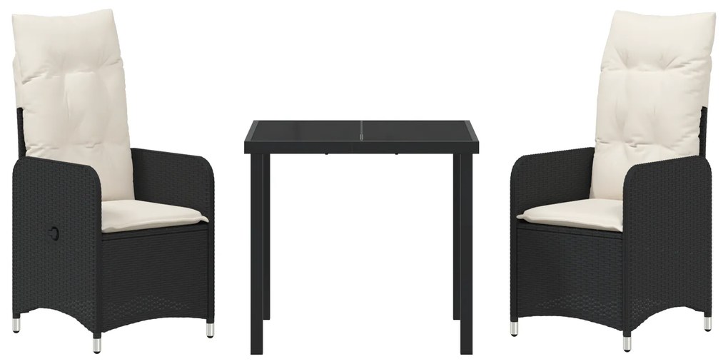 Conjunto de Jantar de Jardim 3 Peças com Almofadas Pretas de Rattan Po