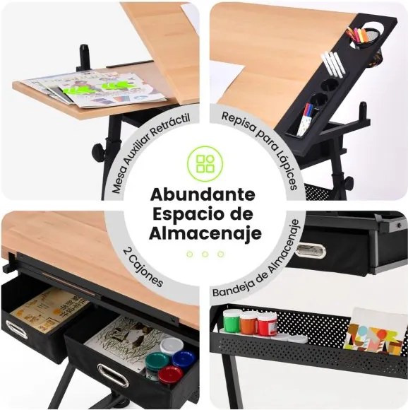 Mesa de desenho estirador ajustável em altura e ângulo 2 gavetas com banco Natural