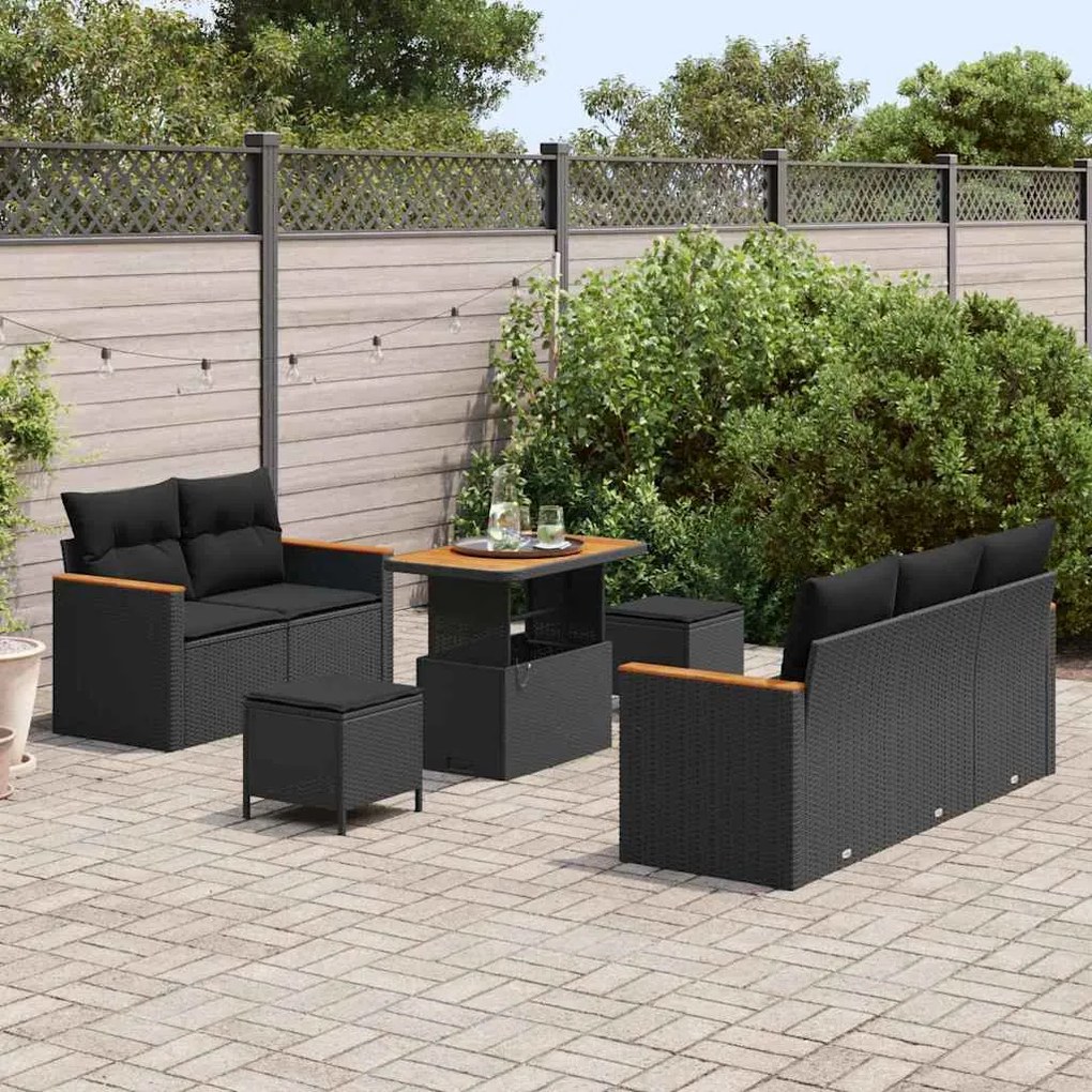 Conjunto de Sofás de Jardim vidaXL de 8 Peças com Almofadas Preto Ratt