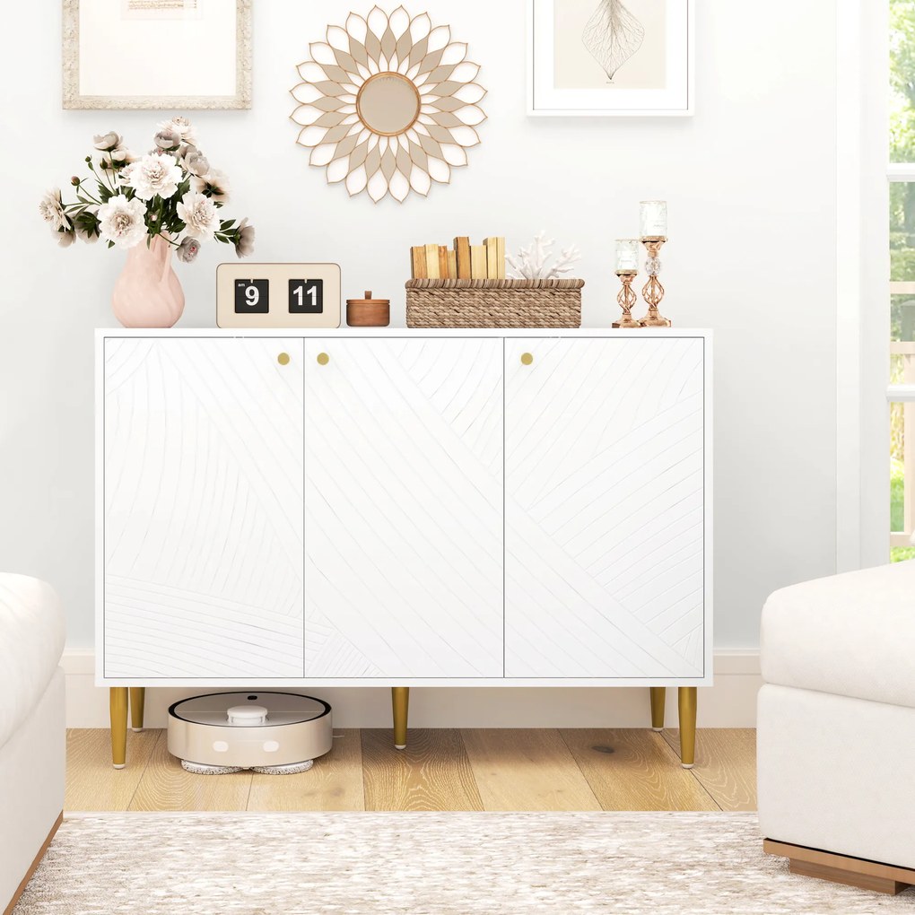 Aparador com 2 armários de 3 portas, prateleiras ajustáveis e pés dourados em aço, 107 x 35 x 77 cm, branco