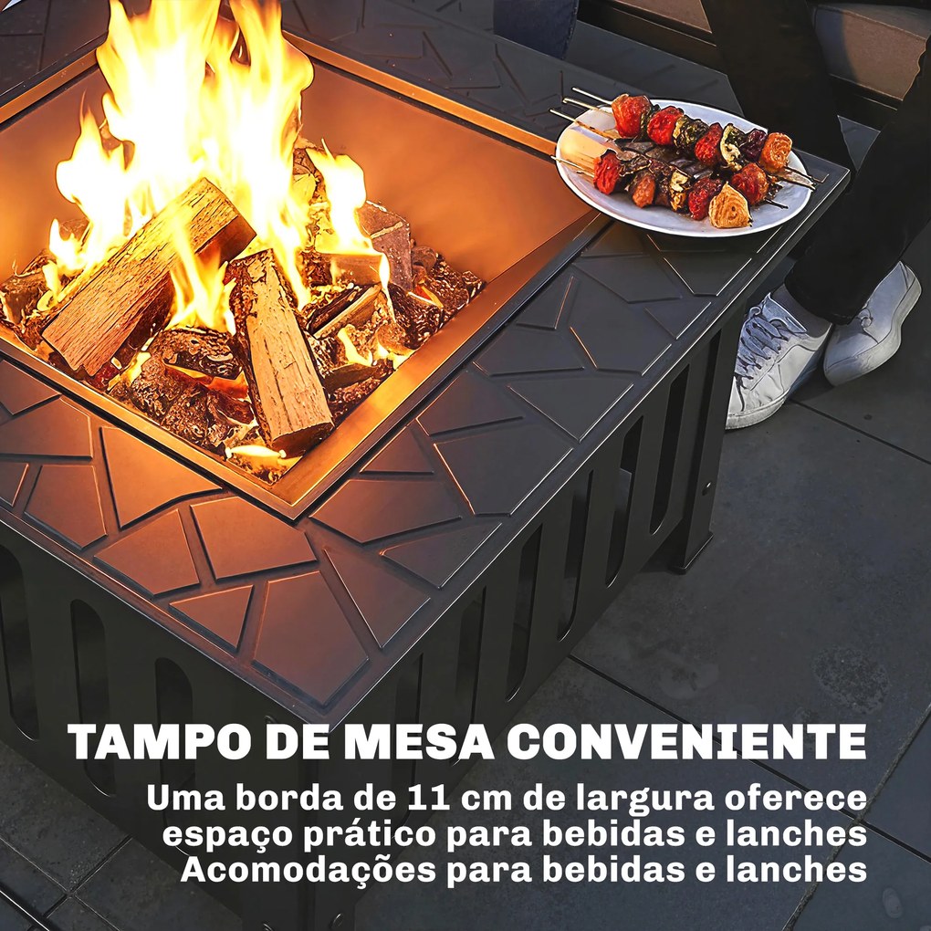 Braseiro Exterior Quadrado em Aço 67x67x47 cm com Atiçador e Tampa de Malha para Festas Preto
