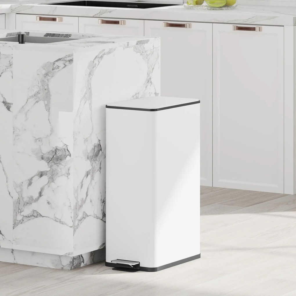 Caixote do Lixo de Cozinha 20 L em Aço Inoxidável com Tampa de Fecho Suave, Pedal e Balde Amovível, Branco