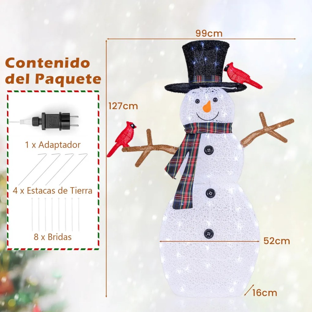Boneco de neve iluminado e pássaros vermelhos Decoração de Natal 127 cm Boneco de neve Ornamento de boneco de neve com luzes LED brancas frias