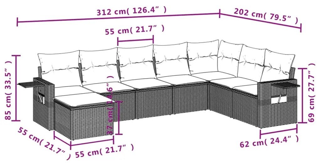 8 pcs conj. sofás jardim c/ almofadões vime PE cinzento-claro