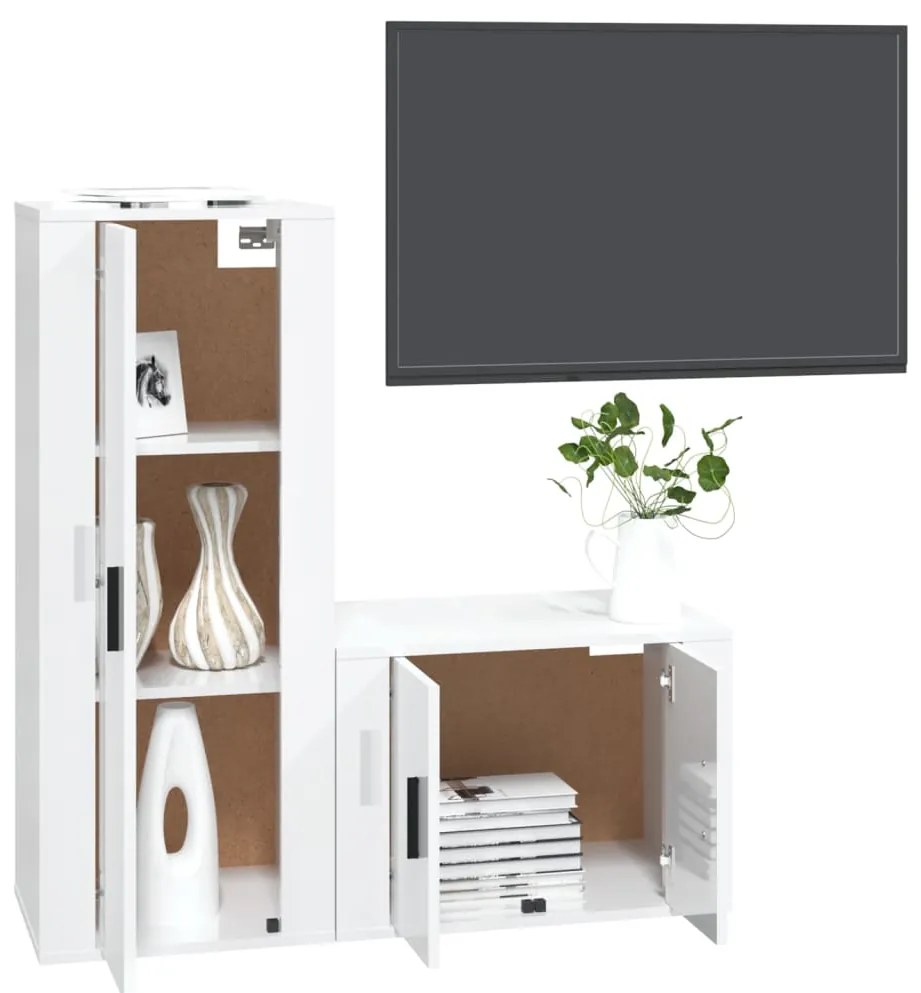 2 pcs conjunto móveis de TV derivados madeira branco brilhante