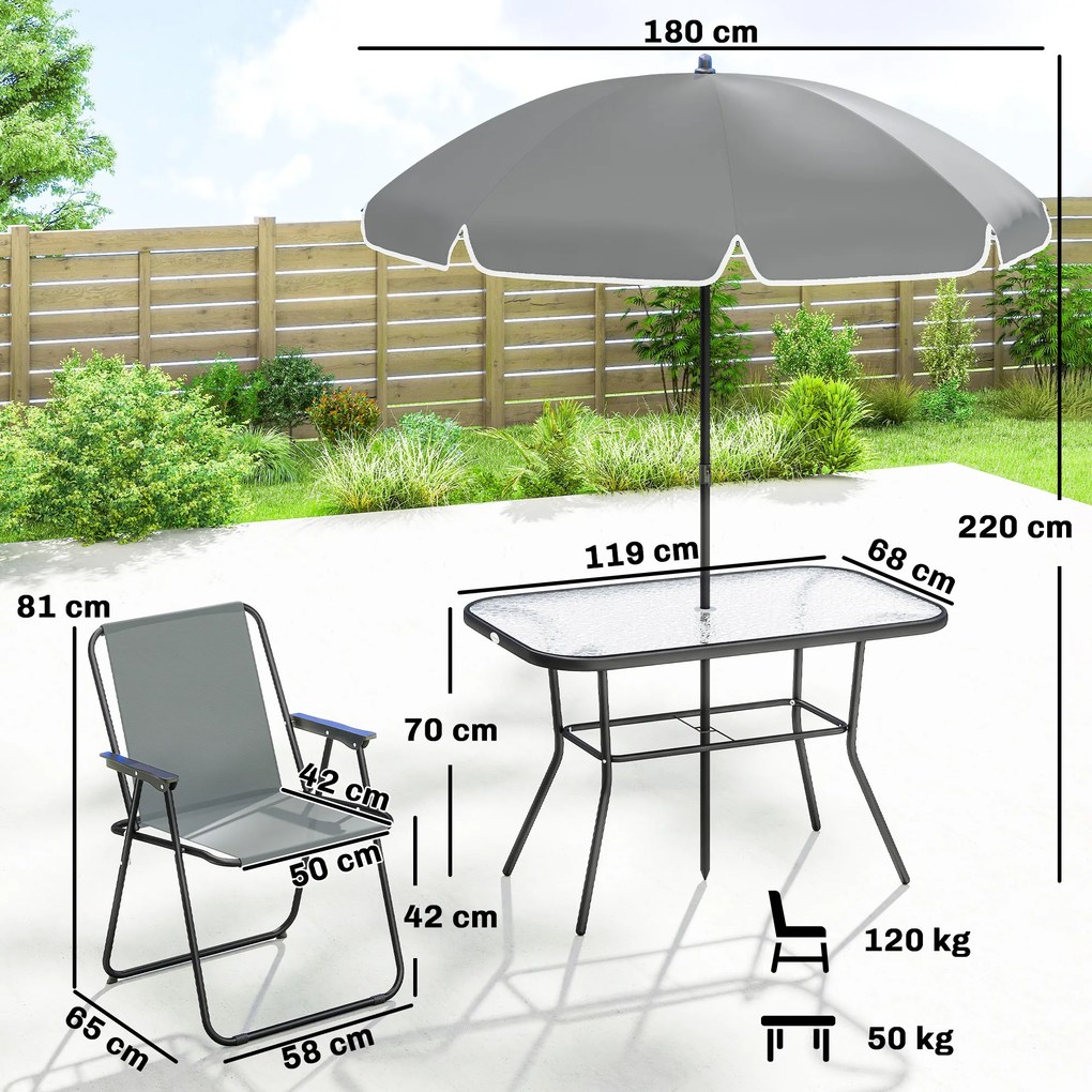 Conjunto de Mesa e Cadeiras de Jardim de 8 Peças com Chapéu de Sol 6 Cadeiras Dobráveis e Mesa de Vidro Cinza