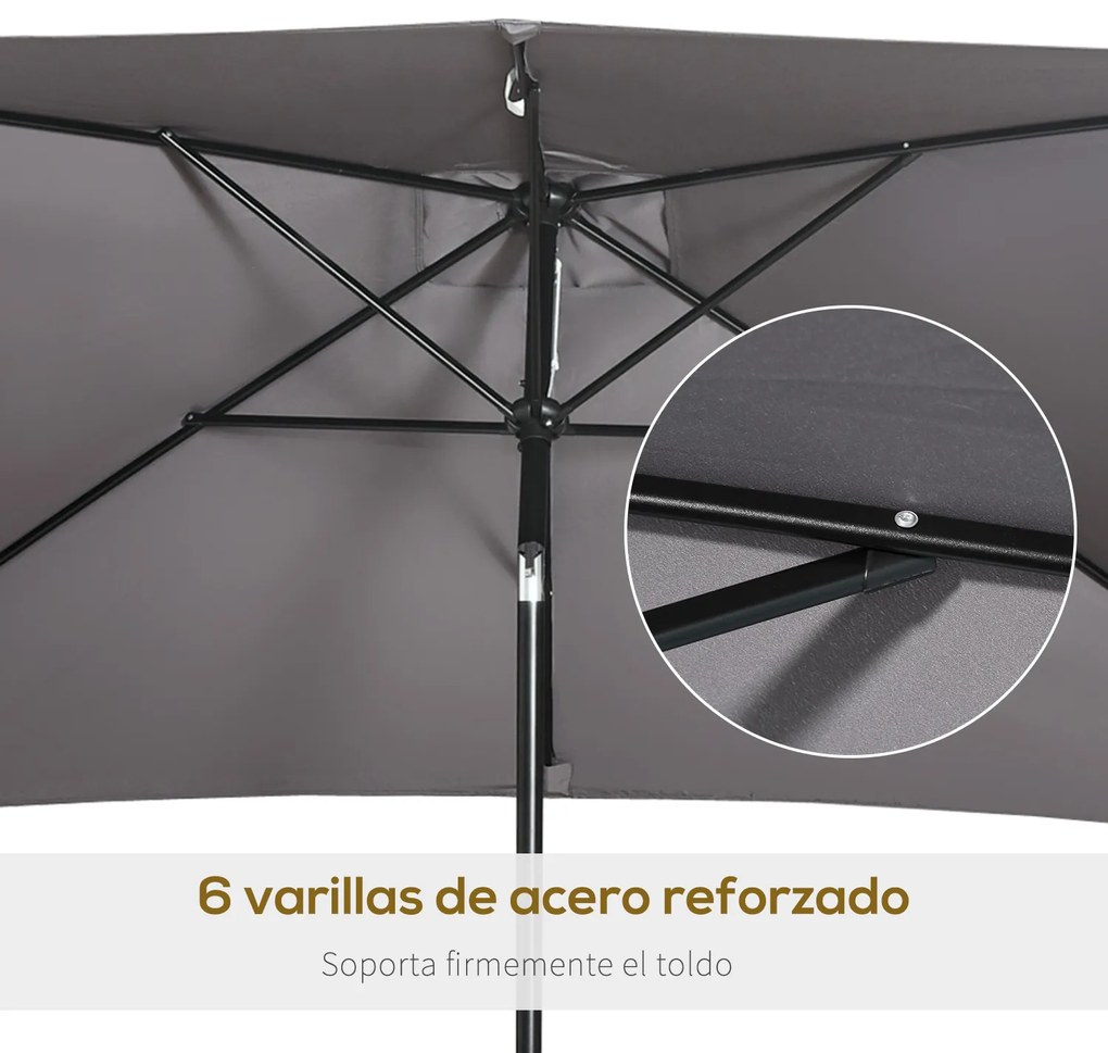 Outsunny Chapéu de Sol de Alumínio 200x300x240cm Chapéu de Sol Retangular de Jardim Inclinável com Manivela e Mastro Desmontável para Terraço Piscina Pátio Exterior Cinza