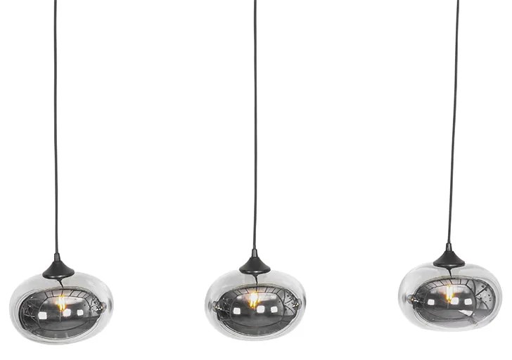 Candeeiro de suspensão Art Deco preto com vidro fumê oblongo 3-luzes - Busa Art Deco