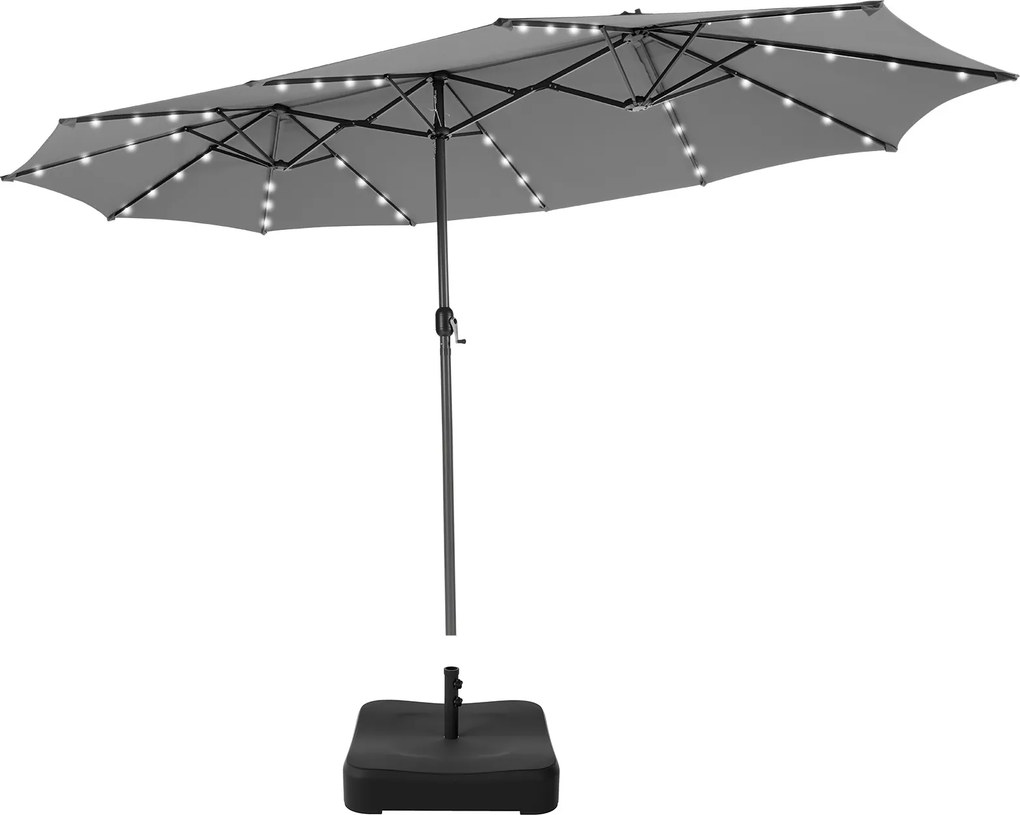 Conjunto de guarda-sol dupla face de 470 cm com 48 luzes LED solares e base recheável de 80 kg, com sistema de manivela, para jardim e piscina, cinzen