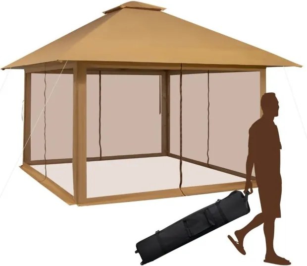 Pérgula Dobrável 320 x 320 cm com 4 laterais em rede com altura ajustável e bolsa de transporte para pátio, terraço, campismo Café