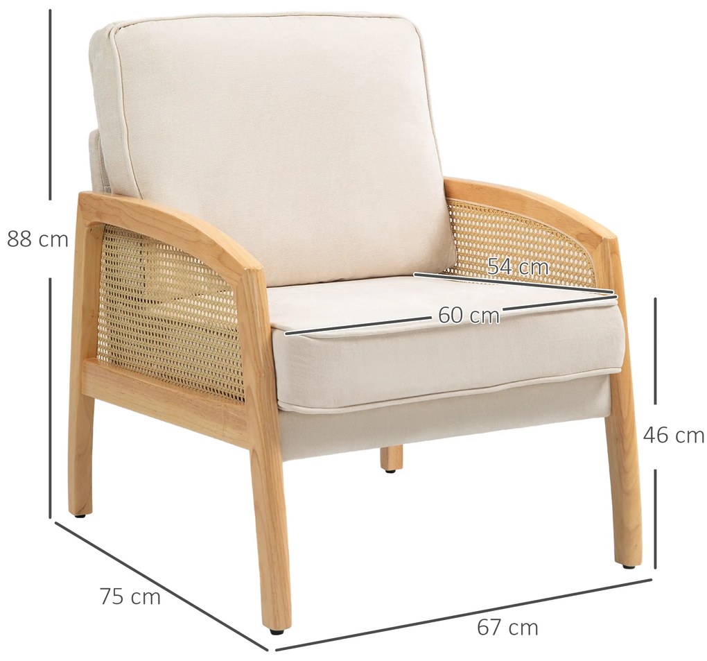 Poltrona Sala de Estar Moderna com Apoio para os Braços em Vime e Pés de Madeira para Escritório 67x75x88 cm Bege
