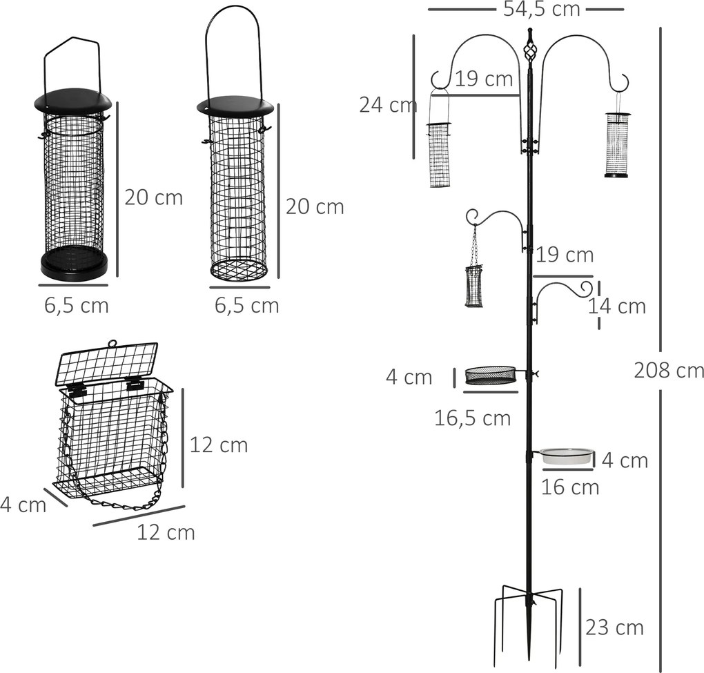 Alimentador para pássaros em aço, comedouro para pássaros com pé de 208H cm e 4 ganchos, preto