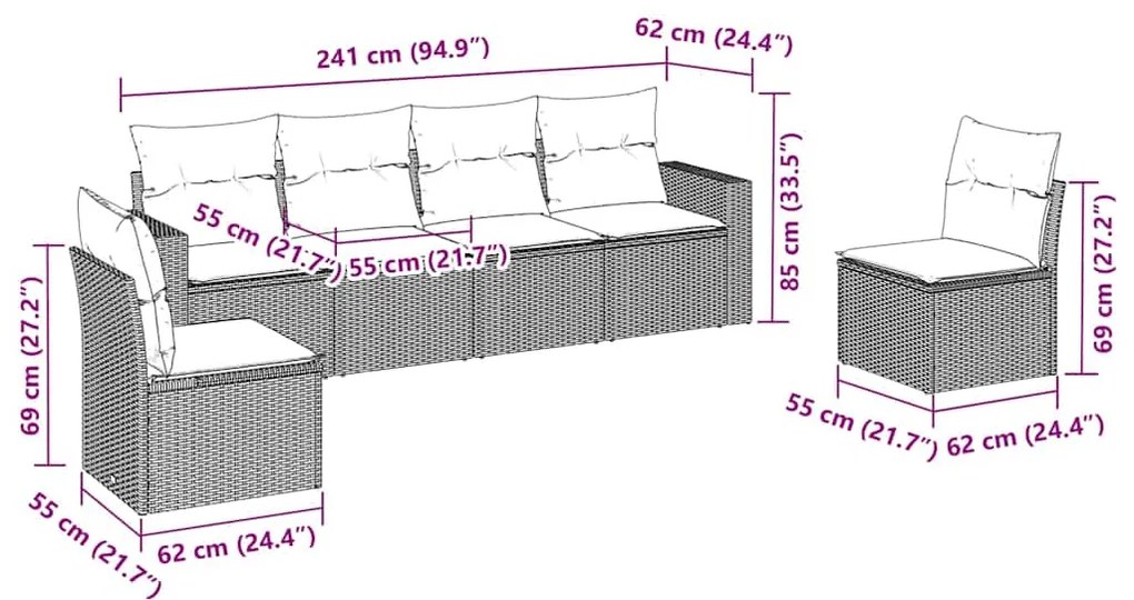 6 pcs conjunto sofás de jardim c/ almofadões vime PE preto