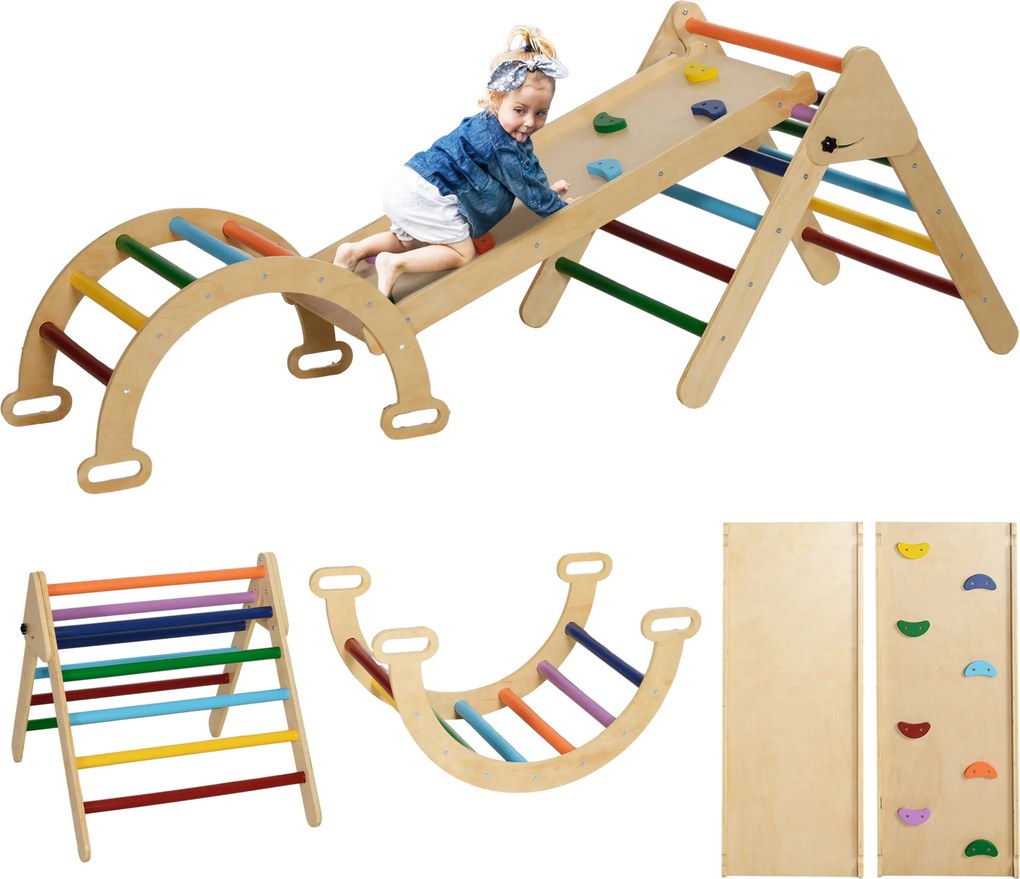 Triângulo de Escalada de Madeira 5 em 1 Escada para Crianças de 18-48 Meses com Rampa e Arco de Escalada 178x64,5x63 cm Multicor