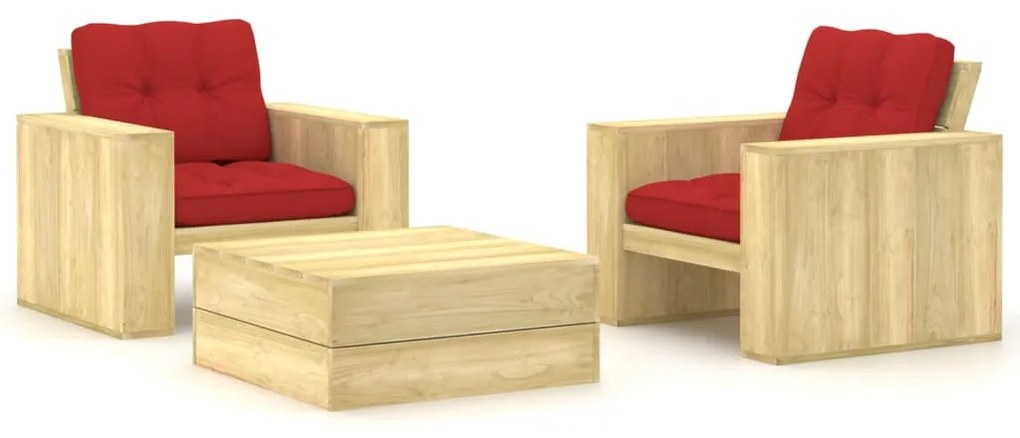 3 pcs conjunto lounge de jardim com almofadões pinho impregnado